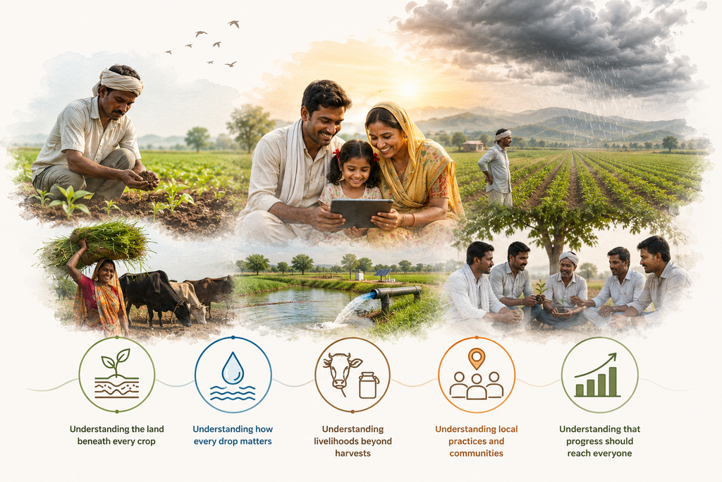A farmer family using the Aaple DeHaat app together in their field
